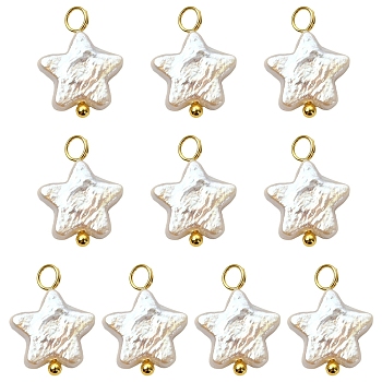 10Pcs Natural Nucleated Baroque Keshi Pearl Pendants, Star Charms with Brass Findings, Thistle, Golden, 15.9mm, Hole: 3mm