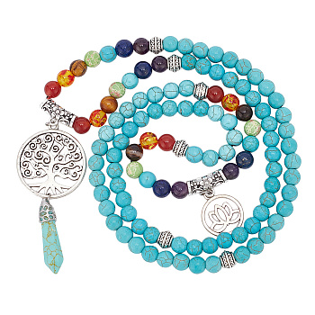 Synthetic Turquoise Bullet & Alloy Tree & Lotus Stone Pendant Necklace, Mixed Stone 108 Buddhist Prayer Beads Necklace, 34.65 inch(88cm)