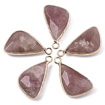 Natural Strawberry Quartz Pendants, with Light Gold Plated Brass Edge and Loop, Triangle, Faceted, 25~26x16x6mm, Hole: 2.5mm