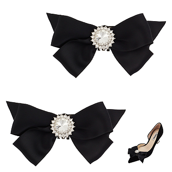 Polyester Bowknot Shoe Decorations, Bridal Detachable Shoe Buckle Clips, with Iron Findings and Rhinestone, Black, 50x102x19mm