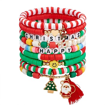 9Pcs 9 Style Word Happy Christmas Handmade Polymer Clay Heishi Surfer Stretch Bracelets Set with Acrylic Pearl, Preppy Bracelet with Enamel Christmas Tree & Santa Claus Charm for Women, Mixed Color, Inner Diameter: 2-1/8 inch(5.5cm), 1Pc/style