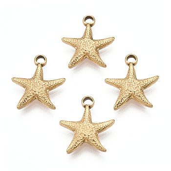 Ion Plating(IP) 304 Stainless Steel Pendants, Starfish Charms, Real 18K Gold Plated, 15.5x14x3mm, Hole: 1.8mm