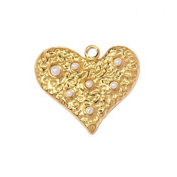 Textured 304 Stainless Steel & ABS Imitation Pearl Pendants, Heart Charm, Real 18K Gold Plated, Ion Plating(IP) Hand Polished, Long-Lasting Plated, White, 36x31mm,Hole:3.10mm