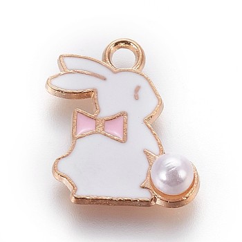 Zinc Alloy Bunny Pendants, with Enamel and ABS Plastic Imitation Pearl, Rabbit, Light Gold, Pink, 16.5x13.5x1mm, Hole: 1.5mm
