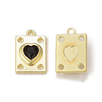 Rack Plating Alloy Glass Pendants, Golden, Rectangle with Heart Charms, Black, 19.5x12.5x5mm, Hole: 1.8mm