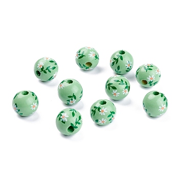 Spray Painted Natural Wood Beads, Round with Flower Pettern, Green, 15.5mm, Hole: 3~5mm