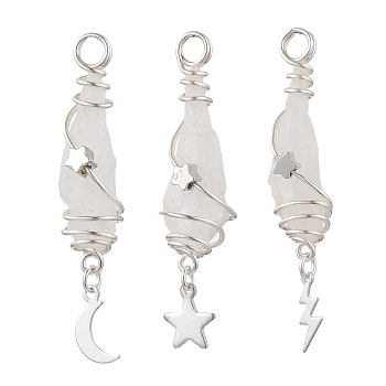 3Pcs 3 Styles Electroplated Natural Quartz Crystal Nuggets Copper Wire Wrapped Pendants, with Brass Moon Star Lightning Bolt, Silver Color Plated, White, 43.5~46x7.5~13.5x8~10mm, Hole: 3.5mm, 1pc/style