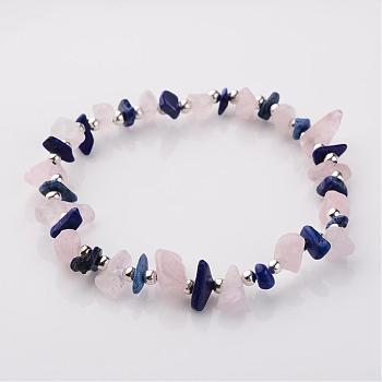 Gemstone Stretch Bracelets, with Iron Findings, Silver Color Plated Natural Lapis Lazuli(Dyed) and Rose Quartz Beads, Blue and Pink, 55mm