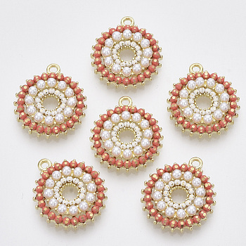 Alloy Pendants, with Plastic Imitation Pearl and Brass Bead Chains, Flat Round, Light Gold, Salmon, 22.5x19.5x4.5mm, Hole: 1.8mm