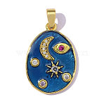 Brass Micro Pave Fuchsia Cubic Zirconia Pendants, with Blue Enamel, Ion Plating(IP), Oval with Evil Eye & Moon Charms, Hand Polished, Real 18K Gold Plated, 26x15mm, Hole: 5mm(CU-OY002-07G)