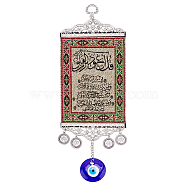 Zinc Alloy & Cloth Hanging Pendant Decorations, with Evil Eye Glass Beads, Rectangle with Scripture Pattern, Silver, 290x100x2mm, Hole: 13x9.5mm(HJEW-WH0036-22)