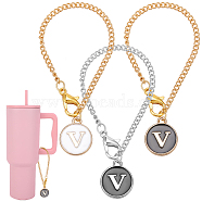 Flat Round with Letter Alloy Enamel Wine Glass Charms, with Iron Twisted Chains and Zinc Alloy Lobster Claw Clasps, Letter V, 128mm, 3pcs/set(AJEW-AB00184-22)