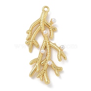 Rack Plating Brass Pendants, with ABS Plastic Pearl, Long-Lasting Plated, Lead Free & Cadmium Free, Leaf, Real 18K Gold Plated, 35x18x12mm, Hole: 1.4mm(KK-G515-67G)