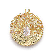 Brass Pendant, with Cubic Zirconia, Flat Round, Clear, Golden, 21x18.5x2.5mm, Hole: 1.5mm(KK-L177-15G)