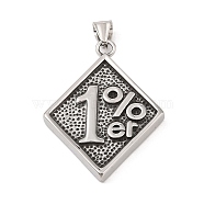 304 Stainless Steel Big Pendants, Rhombus with 1%er Charm, Antique Silver, 52.5x38x4mm, Hole: 4x7mm(STAS-S122-05AS)