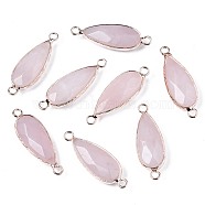 Natural Rose Quartz Link Connectors, with Rose Gold Plated Brass Edge and Loop, Teardrop, 33~34x11x6mm, Hole: 2.5mm(G-S359-320)