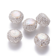 Natural Cultured Freshwater Pearl Beads, with Polymer Clay Rhinestone, Flat Round, White, 20~21x13~16mm, Hole: 1.4mm(PEAR-F015-25)