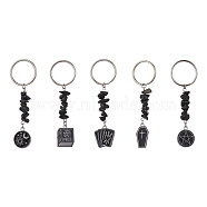 Book/Coffin/Pentagram Alloy Enamel Pendant Keychains, Natural Obsidian Chip Beaded Keychains, with Iron Keychain Ring, Platinum, 8.15~8.55cm(KEYC-JKC00604)