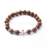 Stretch Bracelets, with Natural Wood Beads and Tibetan Style Alloy Beads, Cross, Coconut Brown, Inner Diameter: 2 inch(5.1cm)(BJEW-JB05226)