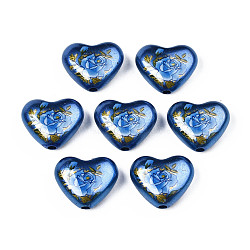 Spray Painted Opaque Acrylic Beads, Heart with Flower, Marine Blue, 16x19x8mm, Hole: 2mm(SACR-S305-28-D02)