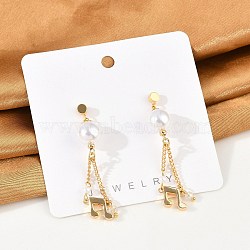 Brass ABS Plastic Pearl Dangle Stud Earrings, Musical Note, with Glass, Real 18K Gold Plated, 53.5x9.5mm(EJEW-U040-14G)