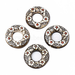 Handmade Porcelain Pendants, Ring with Flower Pattern, Saddle Brown, 46.5~48.5x9~11mm, Hole: 18.5~20mm(PORC-T006-29)