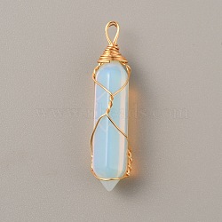 Opalite Double Terminated Pointed Pendants, with Golden Tone Copper Wire Wrapped, Faceted Bullet Charm, 41.5x9.5x8.5mm, Hole: 4x2.3mm(G-TAC0010-04G-03)