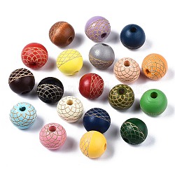 Painted Natural European Wood Beads, Laser Engraved Pattern, Large Hole Beads, Round, Mixed Color, 16x15mm, Hole: 4mm(WOOD-S057-073)