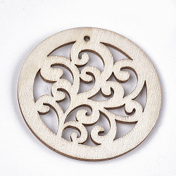 Undyed Wood Big Pendants, Flat Round with Branch, Creamy White, 50x2~2.5mm, Hole: 2mm(X-WOOD-T016-08C)