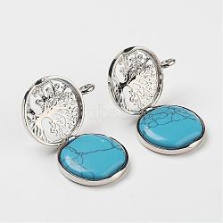 Synthetic Turquoise Pendants, with Brass Diffuser Locket Findings, Flat Round with Tree, 31x26x8mm, Hole: 4mm(G-G910-F02)