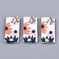 Handmade Polymer Clay Pendants, Rectangle with Flower, Floral White, 36~37x19x7mm, Hole: 1.6mm(X-CLAY-N010-013C)