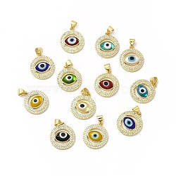 Rack Plating Real 18K Gold Plated Brass Micro Pave Clear Cubic Zirconia Pendants, with Handmade Lampwork, Cadmium Free & Lead Free, Long-Lasting, Flat Round with Evil Eye, Mixed Color, 20x17.5x3.5mm, Hole: 5.5x4mm(ZIRC-L102-07G)