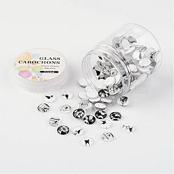 Glass Cabochons, Retro Black and White Picture Printed, Half Round/Dome, Mixed Color, 10x3.5~4mm, about 200pcs/box(GGLA-JP0001-06)