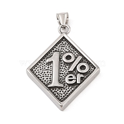 304 Stainless Steel Big Pendants, Rhombus with 1%er Charm, Antique Silver, 52.5x38x4mm, Hole: 4x7mm(STAS-S122-05AS)