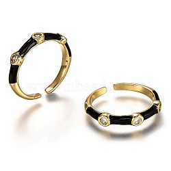 Brass Micro Pave Clear Cubic Zirconia Cuff Rings, Open Rings, with Enamel, Real 18K Gold Plated, Long-Lasting Plated, Black, US Size 7 1/4(17.5mm)(RJEW-C100-23G-C)