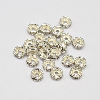 Rack Plating Brass Rhinestone Bead Spacers, Rondelle, Silver Color Plated, 4x2mm, Hole: 1mm