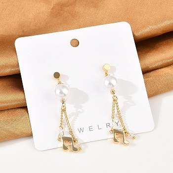 Brass ABS Plastic Pearl Dangle Stud Earrings, Musical Note, with Glass, Real 18K Gold Plated, 53.5x9.5mm