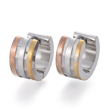 Three-colour 304 Stainless Steel Huggie Hoop Earrings, Ring, Multi-color, 12x13x7mm, Pin: 1mm