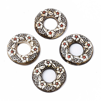 Handmade Porcelain Pendants, Ring with Flower Pattern, Saddle Brown, 46.5~48.5x9~11mm, Hole: 18.5~20mm