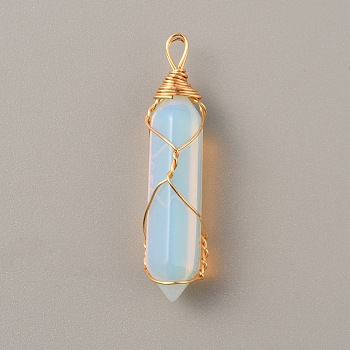 Opalite Double Terminated Pointed Pendants, with Golden Tone Copper Wire Wrapped, Faceted Bullet Charm, 41.5x9.5x8.5mm, Hole: 4x2.3mm