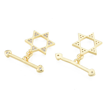 Brass Pave Clear Cubic Zirconia Toggle Clasps, Nickel Free, Star, Real 18K Gold Plated, Bar: 5.5x23x2mm , Star: 18x14x2mm, Hole: 1.5mm
