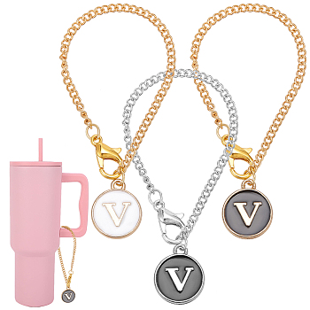 Flat Round with Letter Alloy Enamel Wine Glass Charms, with Iron Twisted Chains and Zinc Alloy Lobster Claw Clasps, Letter V, 128mm, 3pcs/set