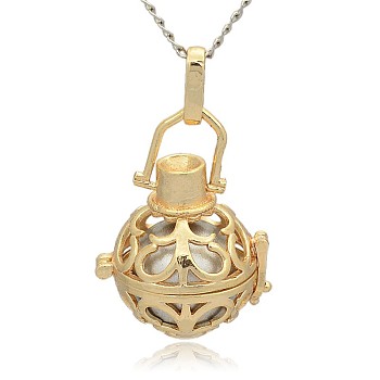 Golden Tone Brass Hollow Round Cage Pendants, with No Hole Spray Painted Brass Round Beads, Silver, 33x24x21mm, Hole: 3x8mm