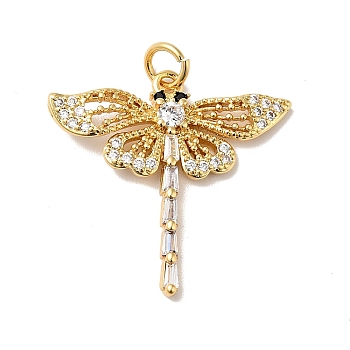 Rack Plating Brass Clear & Black Cubic Zirconia Pendants, Dragonfly Charm, with Jump Ring, Cadmium Free & Nickel Free & Lead Free, Real 18K Gold Plated, 25mm, Dragonfly: 22.5x23.5x2.5mm, Hole: 3.4mm