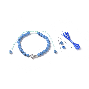 Synthetic Turquoise(Dyed) Braided Bead Bracelets, with Nylon Thread and Brass Micro Pave Cubic Zirconia Beads, Cross, 2-1/8 inch~3-3/4 inch(5.5~9.5cm)
