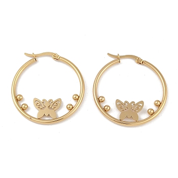 PVD Vacuum Plating 201 Stainless Steel Hoop Earrings, with 304 Stainless Steel Pin, Golden, Butterfly, 35x3mm