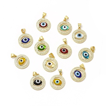 Rack Plating Real 18K Gold Plated Brass Micro Pave Clear Cubic Zirconia Pendants, with Handmade Lampwork, Cadmium Free & Lead Free, Long-Lasting, Flat Round with Evil Eye, Mixed Color, 20x17.5x3.5mm, Hole: 5.5x4mm