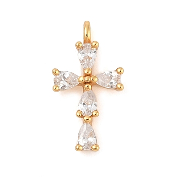 925 Sterling Silver Clear Cubic Zirconia Charms, Cross, Golden, 14.5x7.5x3mm, Hole: 1.4mm