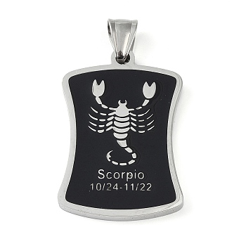 304 Stainless Steel Pendants, with Enamel, Stainless Steel Color, Rectangle with Constellation, Scorpio, 39x26x3mm, Hole: 7x3mm