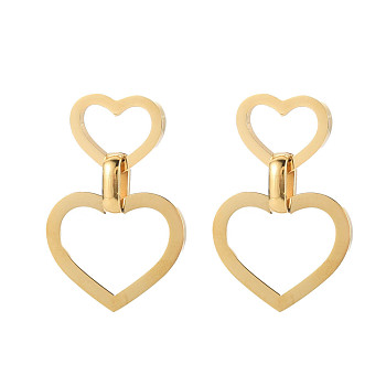304 Stainless Steel Double Heart Dangle Stud Earrings for Women, Golden, 38mm, Pin: 0.7mm